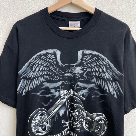 NATIONAL HERITAGE Vintage Black Live Hard Ride Hard Eagle Motorcycle Graphic Tee - Picture 2 of 8